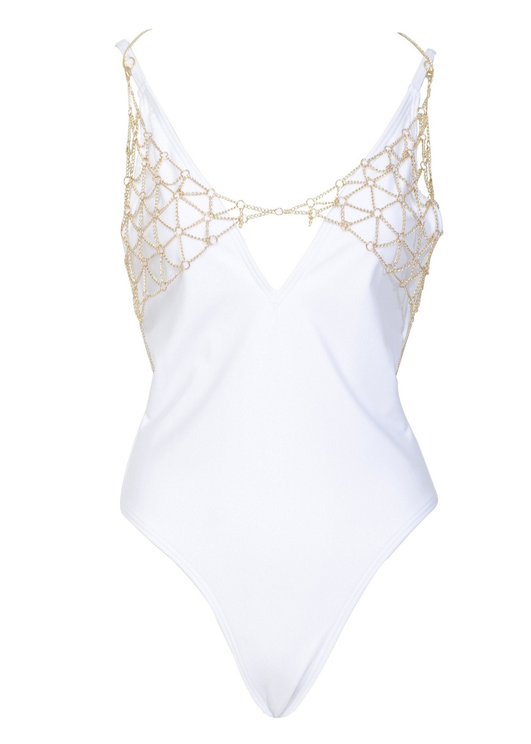 Wolf & Whistle Goldie White Swimsuit with Removable Chain